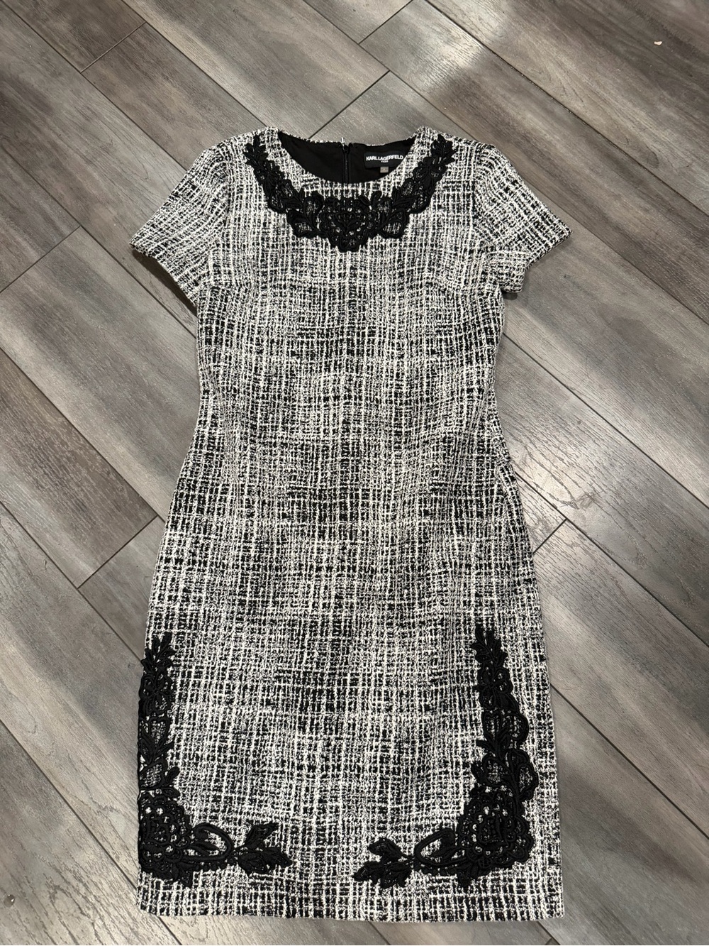 Karl Lagerfeld Black and White Tweed Sheath Dress with Lace Appliqué